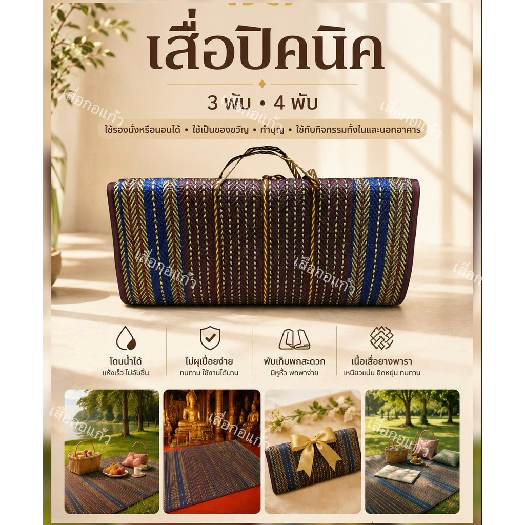 เสื่อปิคนิค 4 พับ 3 พับ งาน OTOP วัสดุทำจากยางพารา ใช้ได้นานไม่ผุพังง่าย โดนน้ำได้