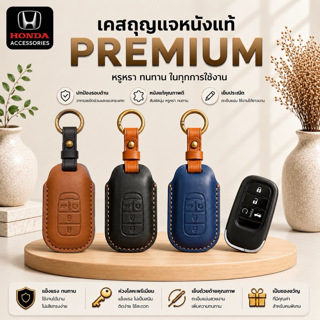 ซองหนังแท้ ใส่กุญแจรีโมทรถยนต์ รุ่นหนังกลับ Honda Civic Hatchback,City HB,WR-V 2022-25
