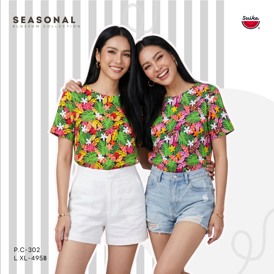 เสื้อแตงโม (SUIKA) - เสื้อยืด คอปาด โปเชียลพิมพ์ลายดอกไม้(P.C-072 302 196) — صورة 4