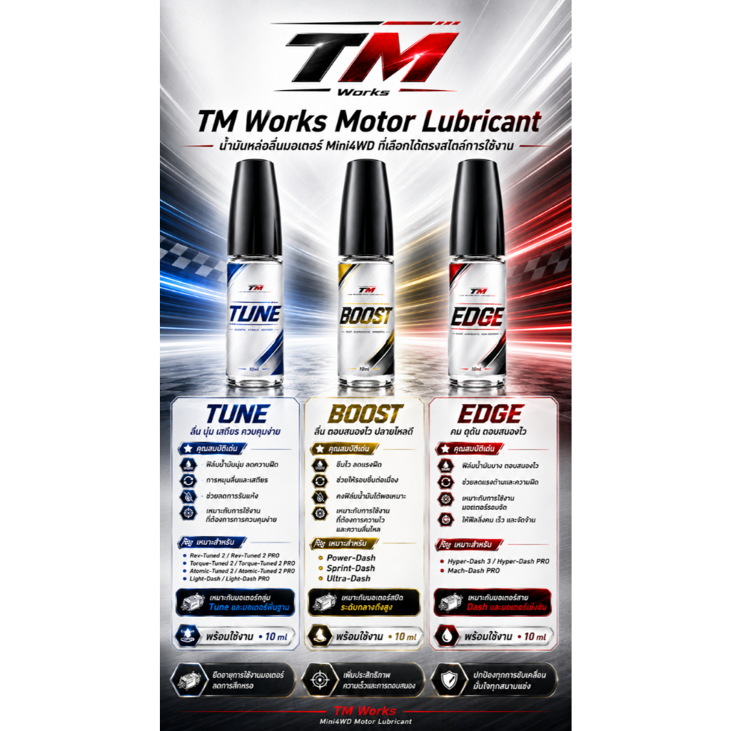 TM Motor Lubricants น้ำมันหยอดมอเตอร์ TUNE / BOOST / EDGE รันมอเตอร์มีความลื่นไหล ควบคุมฟีลมอเตอร์ได้ดีขึ้น