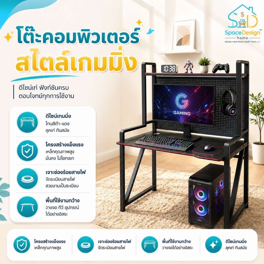 โต๊ะคอมพิวเตอร์ เกมเมอร์ โต๊ะทำงาน พร้อมชั้นวางของ จัดมุมเกมให้เป็นระเบียบ โครงเหล็กหนาพิเศษ