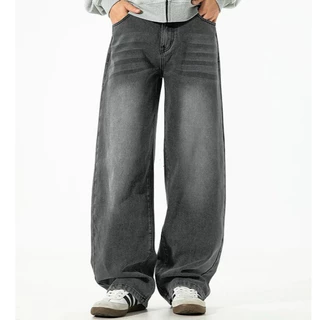 toki-กางเกงยีนส์ขายาวผู้ชาย สีดำเทา ขากระบอก ผ้ายีนส์นิ่ม ทรงสวย baggy jeans ย้อนยุค สไตล์เกาหลี