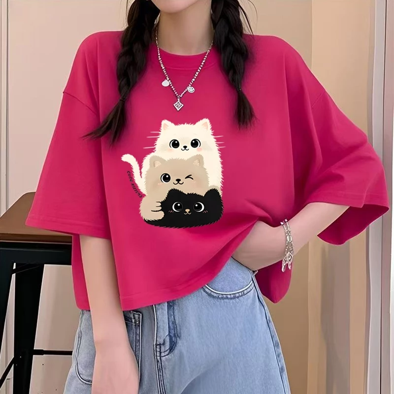 เสื้อครอปแขนสั้นทรงหลวมสไตล์เกาหลี oversize เสื้อผ้าแฟชั่นมาใหม่ เสื้อยืดผู้หญิงโอเวอร์ไซส์เสื้อผ้าสาวอวบ ลายแมวน่ารัก