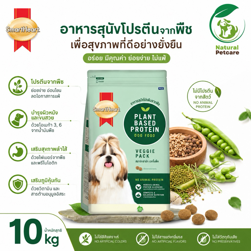 อาหารสุนัข SmartHeart Plant Based Protein สูตรเจ โปรตีนพืช ลดแพ้ 10 kg ไม่มีเนื้อสัตว์ผสม
