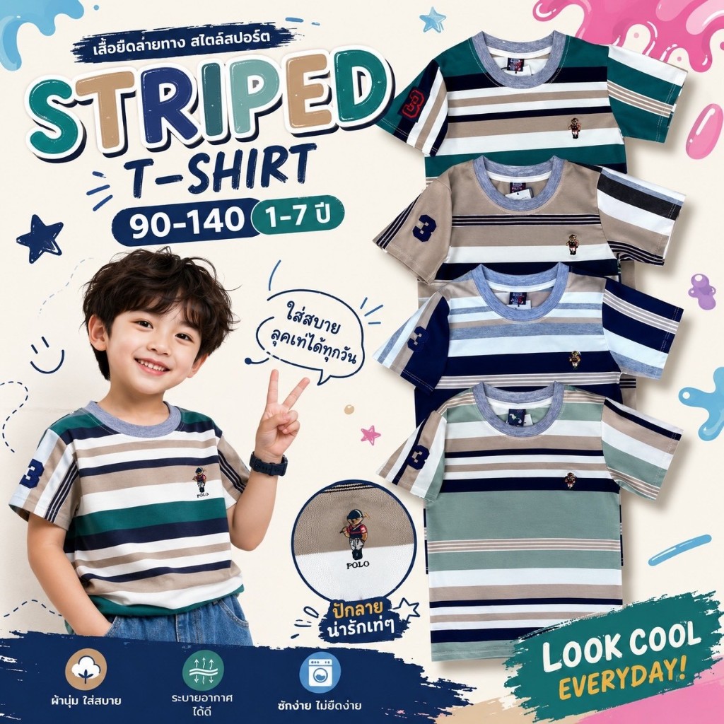 เสื้อยืดคอกลมเด็กลายเก๋  ปักหมี ใส่สบาย ปักแน่นๆ สีสดใส