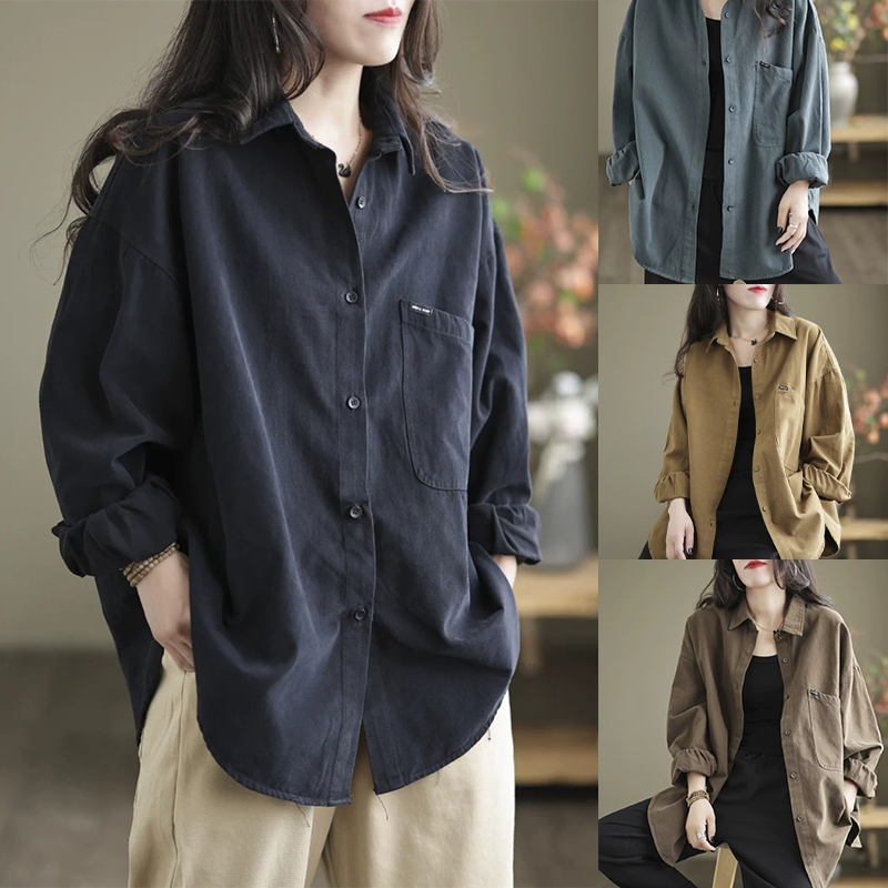 [พร้อมส่ง]เสื้อเชิ้ตแขนยาวผู้หญิงทรงโอเวอร์ไซส์ สไตล์เกาหลีมินิมอล ลุคชิลล์ ใส่สบายแมทช์ง่ายทุกลุค มีหลายสีให้เลือก99469