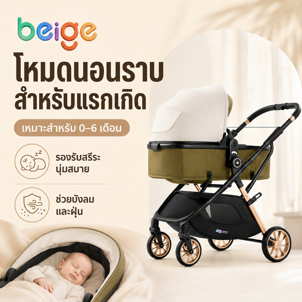 Beige รถเข็นเด็ก 3 in 1 Beige ใช้ได้ 0-6 ปี พับง่าย เบาะนอนราบ เข็นลื่น สำหรับเดินทางทุกวัน คุ้มค่า รูปที่ 2