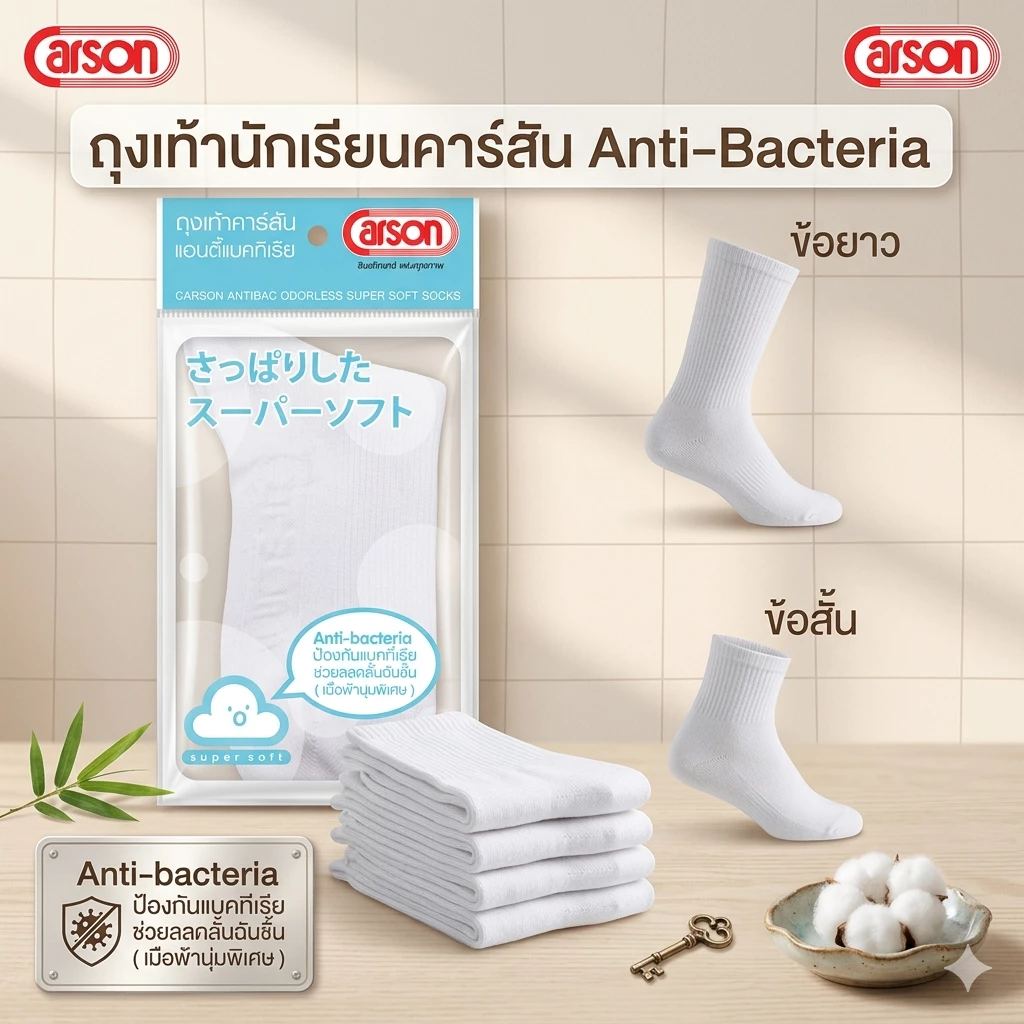 ถุงเท้านักเรียนคาร์สัน Anti-Bacteria ข้อยาวและข้อสั้น สีขาว(ลอนเล็ก)