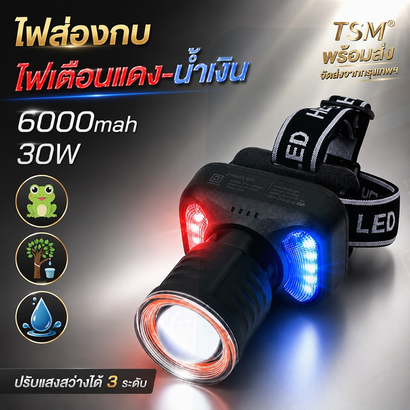 ไฟฉายคาดหัว KM-2925 30W เลนส์ซูม แสงขาว ไฟฉุกเฉิน ชาร์จไฟบ้าน ไฟส่องกบ กรีดยาง เดินป่า ทำงานกลางคืน