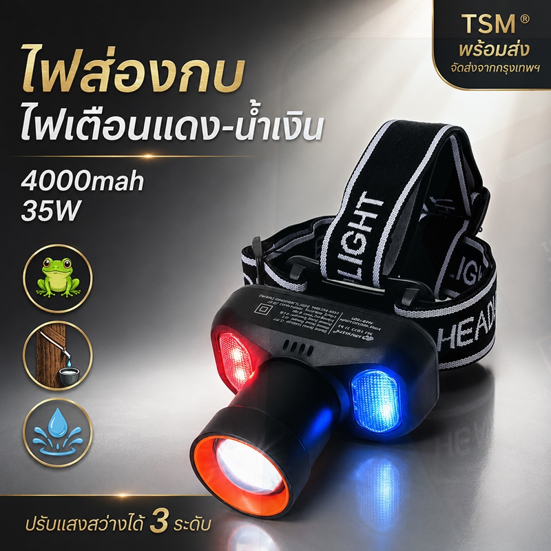 ไฟคาดหัว KM-2926 เลนส์ซูม 2W LED ชาร์จไฟได้ มีไฟฉุกเฉินแดงน้ำเงิน ไฟส่องกบ