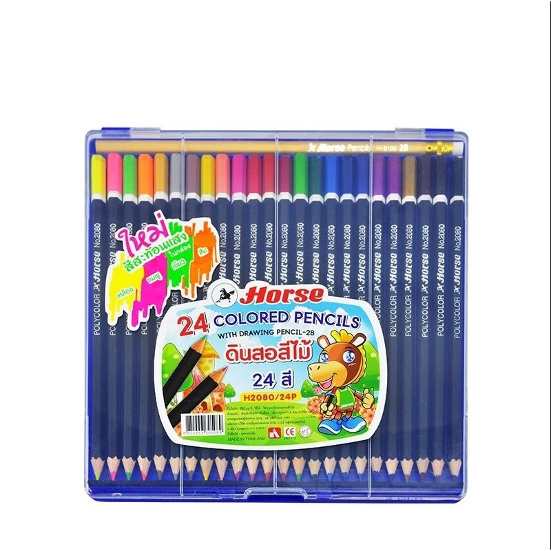 (KTS) ดินสอสีไม้ ตราม้า 24 สีด้ามดำ H2080/24P แบบยาว กล่องพลาสติก+ดินสอ2B