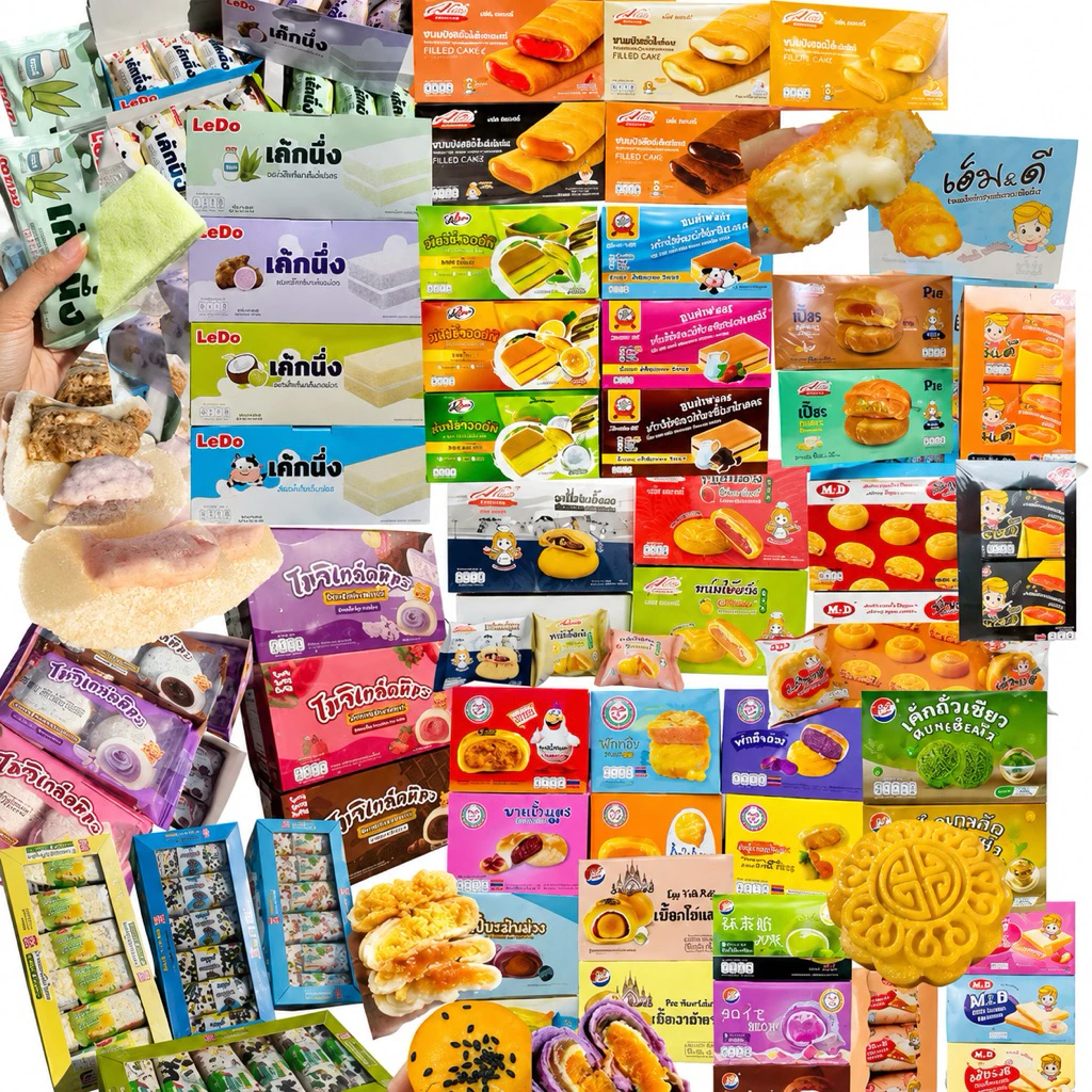 (1กล่อง) 12ชิ้น ขนมปัง เค้กนึ่ง โมจิ ไดฟุกุ เค้กสอดใส้ ข้าวซอยตัด เปี๊ยต่างๆ