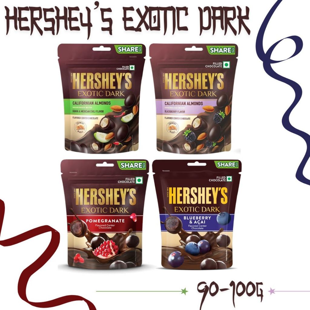 Hershey’s Exotic Dark chocolate Since1894 บรรจุในถุง Share pack ขนาด 90-100 กรัม มี 4 รส จากอินเดีย