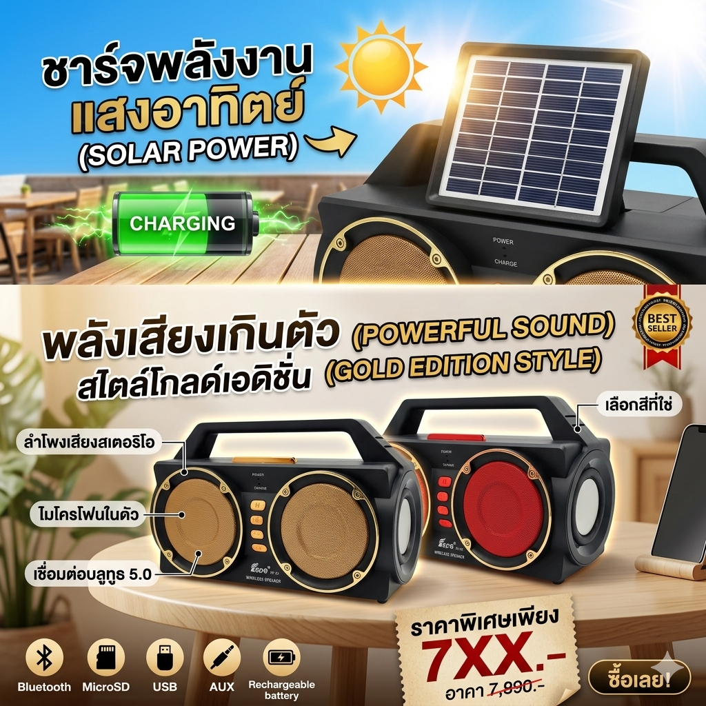 "ล่าสุด"ลำโพงบลูทูธโซล่าร์เซลล์ เสียงดี เบสแน่น USB/TF รูปที่ 4