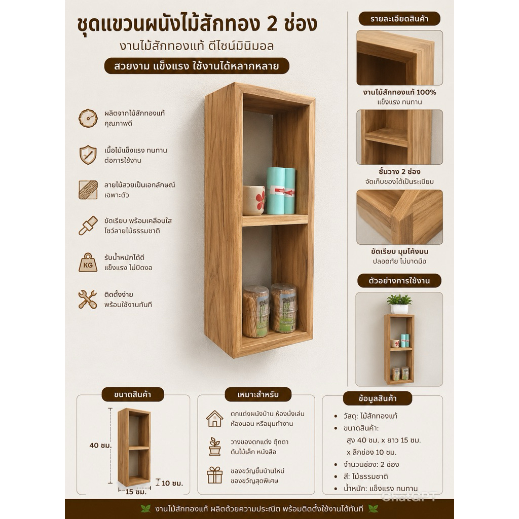 ชุดแขวนผนัง 2 ช่อง สี่เหลี่ยม ไม้สักทอง แถมให้เรียบร้อย ชุดติดตั้งแขวนผนังแถม