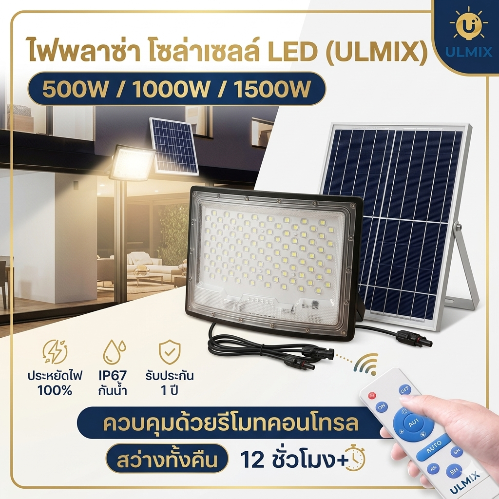 โคมไฟฟลัดไลท์โซลาร์เซลล์ Led flood light ulmix 500 /1000 /1500 วัตต์ รับประกันคุณภาพ 1 ปี