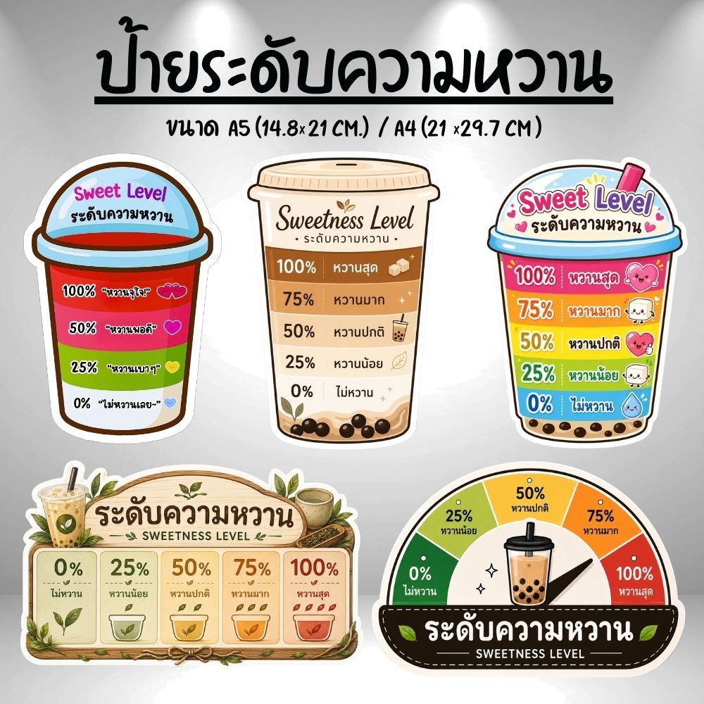 ป้ายระดับความหวาน ป้ายตกแต่งร้านน้ำ ฟิวเจอร์บอร์ด ขนาดA5 / A4