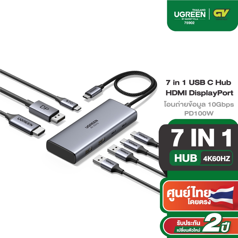 UGREEN อะแดปเตอร์ USB HUB 7in1 HDMI 4K60Hz DisplayPort 4K60Hz โอนถ่ายข้อมูล 10Gbps PD100W รุ่น 75902