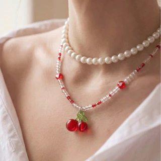 สร้อยคอลูกปัดจี้เชอรี่ A002 สร้อยคอแฟชั่น สร้อยคอลูกปัด