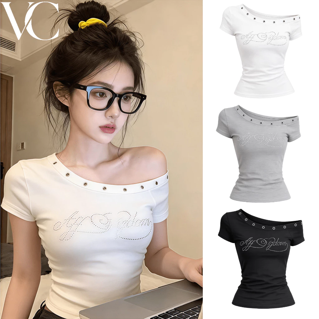 VC จดหมาย Hot Drilling เอียงไหล่แขนสั้นเสื้อยืดผู้หญิงฤดูร้อนเซ็กซี่เอวบางพอดีสั้นปิดไหล่เสื้อด้านบน D04