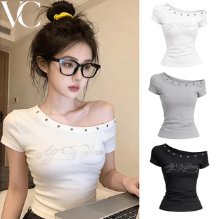 VC จดหมาย Hot Drilling เอียงไหล่แขนสั้นเสื้อยืดผู้หญิงฤดูร้อนเซ็กซี่เอวบางพอดีสั้นปิดไหล่เสื้อด้านบน D04