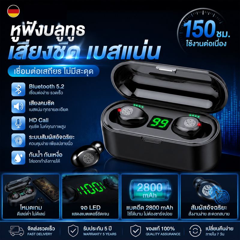 หูฟังบลูทูธ Bluetooth 5.0 หูฟัง HiFi Sound พร้อมไมค์ อายุแบตเตอรี่ยาวนาน สวมใส่สบายน้ำหนักเบา