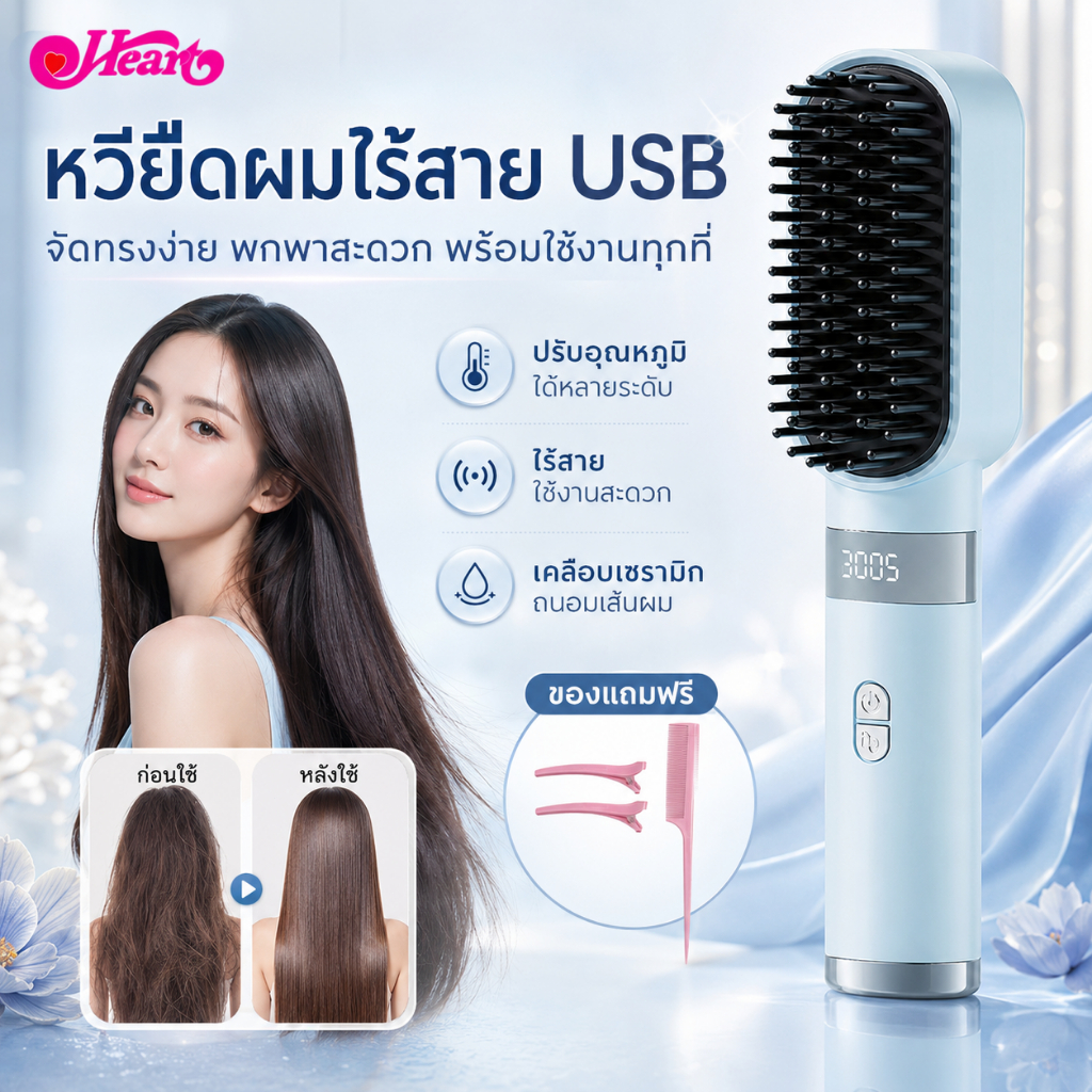 🔥【สินค้าพร้อมส่ง】หวีไฟฟ้าไร้สาย มีไอออนลบ ปรับอุณหภูมิ ยืดผมตรง จัดทรงผมสะดวก