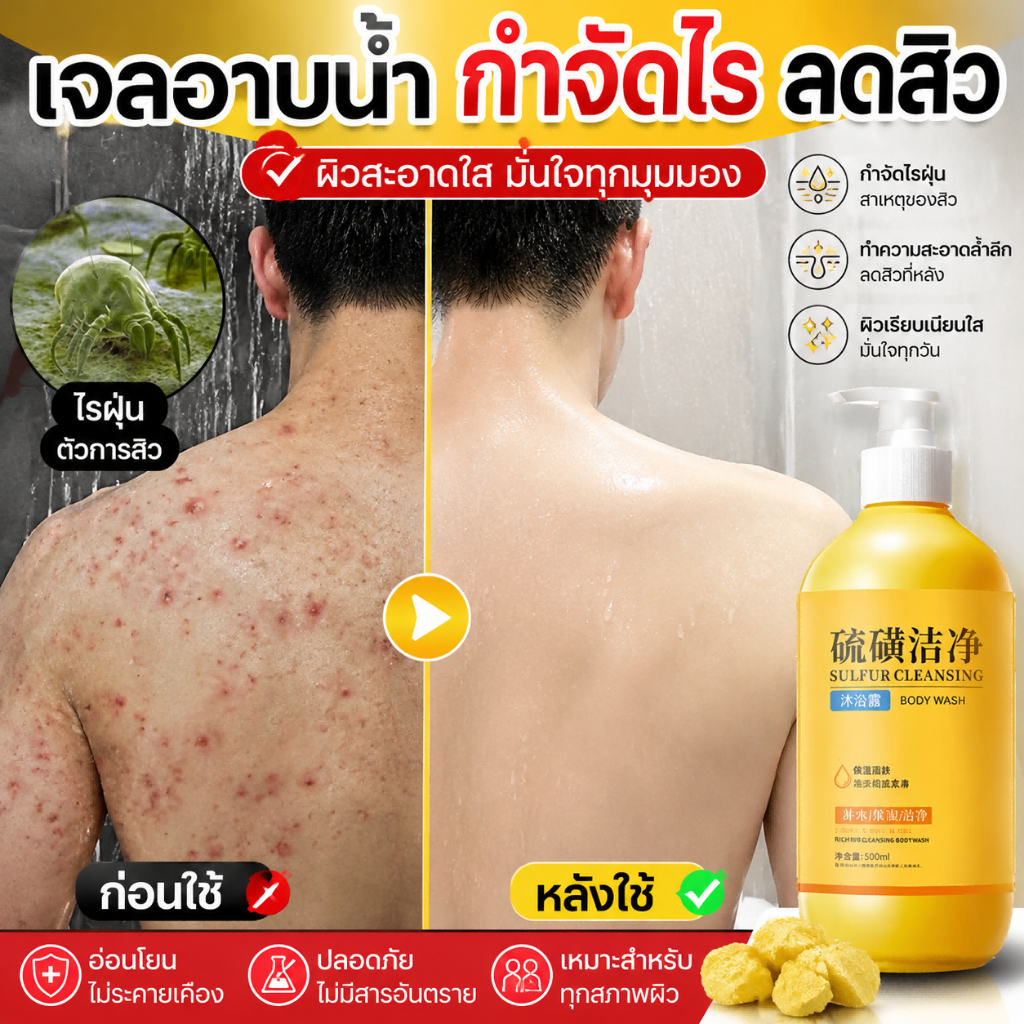 เจลอาบน้ำซัลเฟอร์ 3 อิน 1 500ml อ่อนโยน ขจัดไรฝุ่น กลิ่นหอมยาวนาน