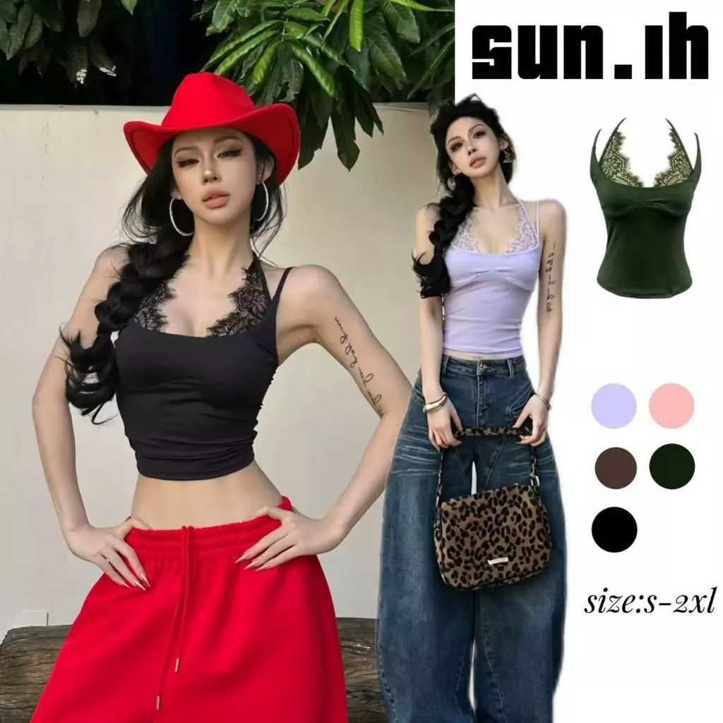 SUN🛍️พร้อมส่ง🛍️เสื้อสายเดี่ยวแต่งขอบลูกไม้; เสื้อเกาะอกสั้นสไตล์ใหม่ฤดูร้อนปี 2026
