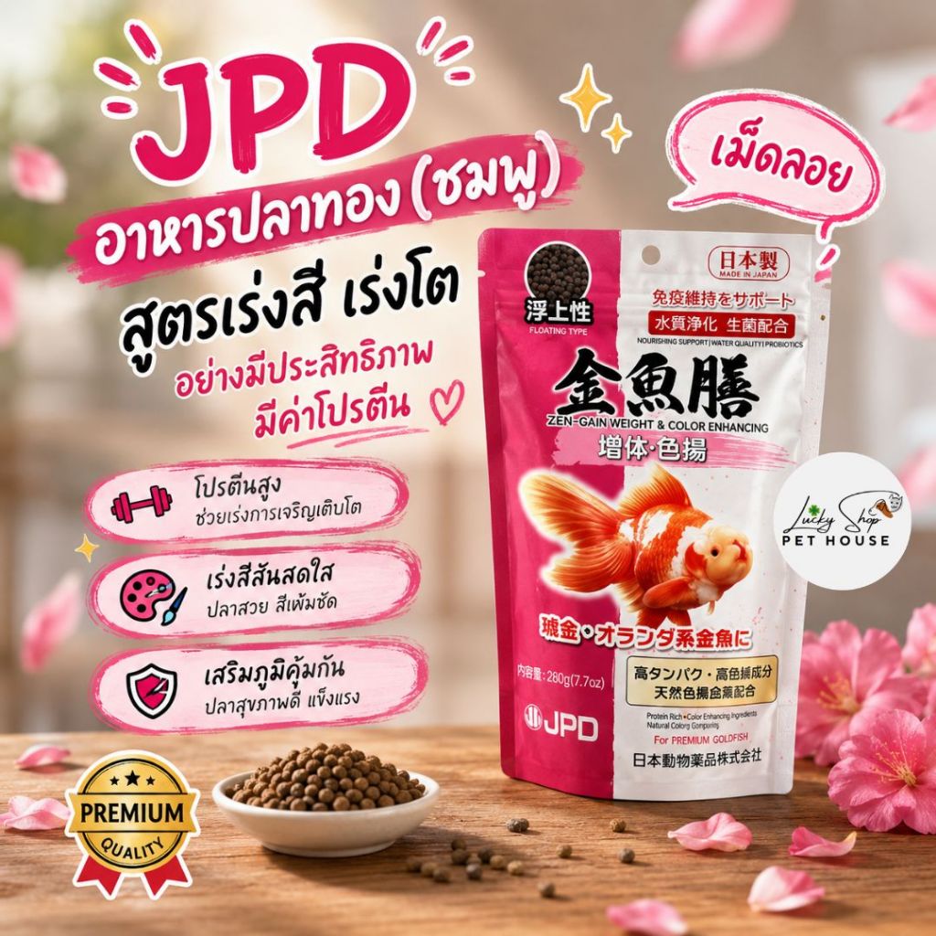 JPD อาหารปลาทอง (ซองชมพูเดิม) สูตรเร่งสี เร่งโต อย่างมีประสิทธิภาพมีค่าโปรตีน เม็ดลอย