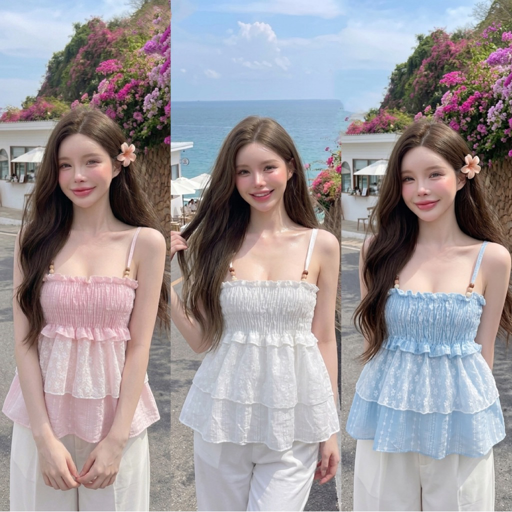 (อก28-40)เสื้อสายเดี่ยวสม็อคอก ดีเทล2ชั้นลูกไม้ดอกไม้สุดน่ารัก แต่งลูกปัดงานน่ารักมาก