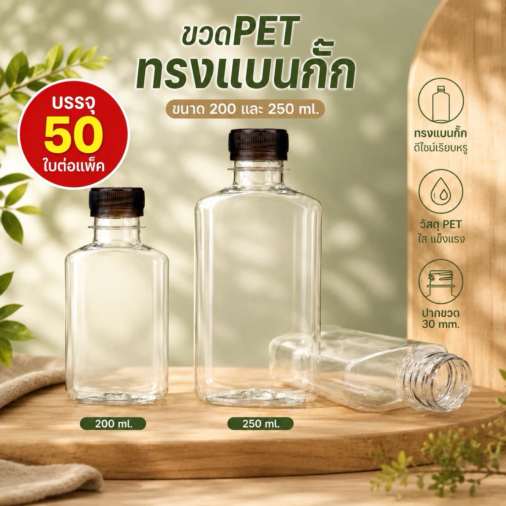 (50 ใบ) ขวดพลาสติก ทรงแบนกั๊ก