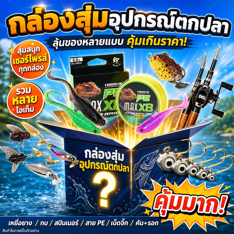 กล่องสุ่มอุปกรณ์ตกปลา รวมเหยื่อปลอม สาย PE เบ็ดจิ๊ก กบยาง สปินเนอร์ คุ้มค่า เซอร์ไพรส์ทุกกล่อง