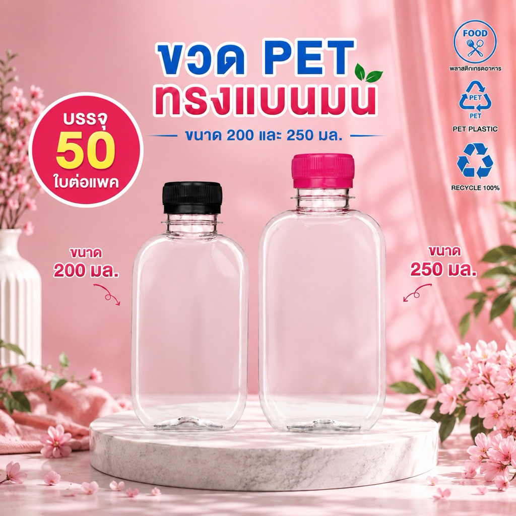 (50 ใบ) ขวดพลาสติก PET ทรงแบนมน