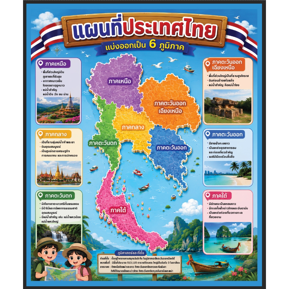 สื่อเรียนรู้เรื่อง "แผนที่ประเทศไทย 6 ภูมิภาค" 🌈 สื่อตกแต่งห้องเรียน