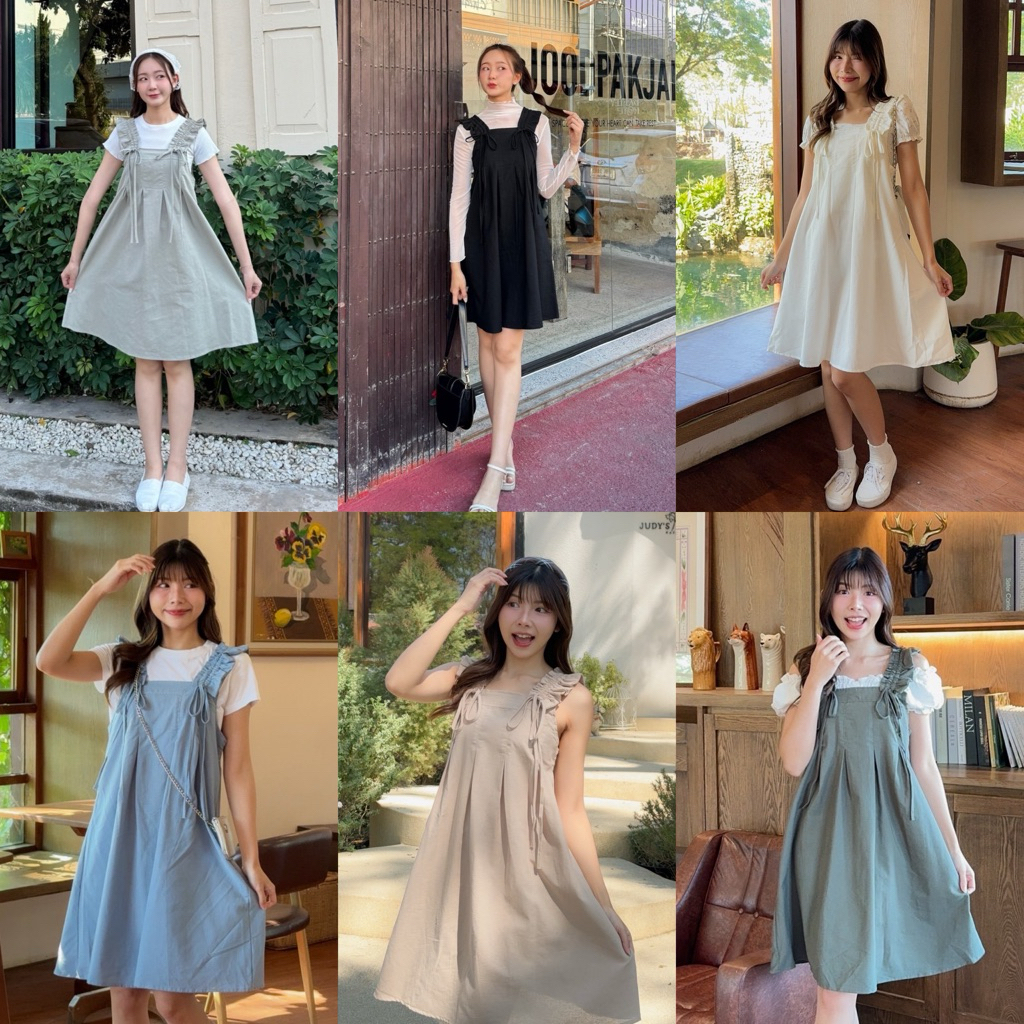 Teera พร้อมส่ง มินิเดรสแต่งจีบตรงอกผ้าลินินผสมฝ้าย สายปรับความยาวได้นะคะ nanny