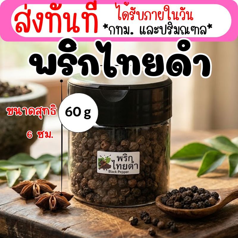 พริกไทยดำ แบบเม็ด พร้อมกระปุกพลาสติก ขนาดสุทธิ 60 กรัม