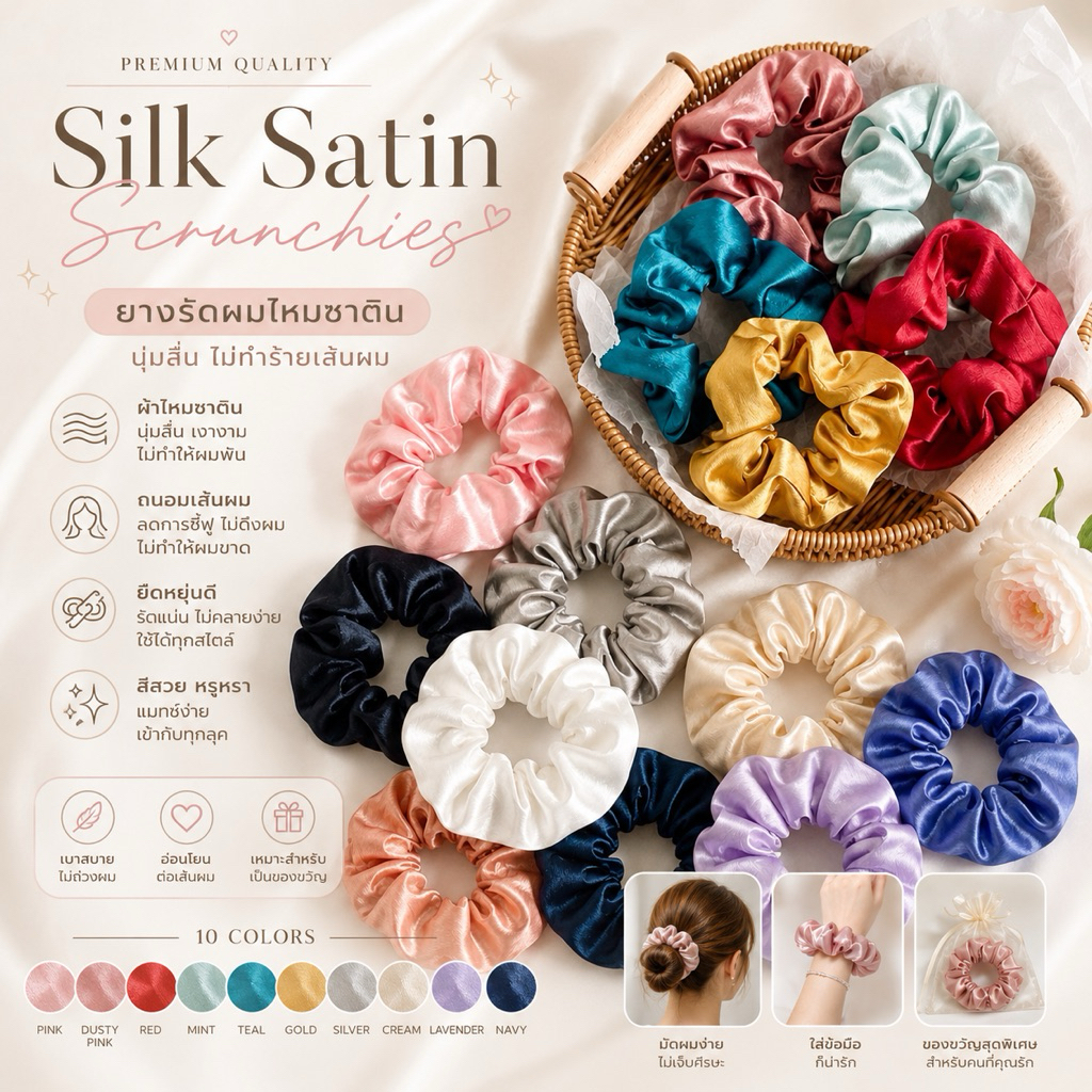 ยางมัดผมผ้าไหมซาติน scrunchies ยางรัดผมผู้หญิง