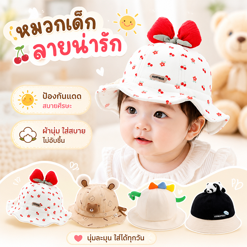 หมวกเด็ก หมวกชาวประมง วัสดุที่ระบายอากาศได้ ปรับได้ การออกแบบโบว์ เหมาะสำหรับเด็กอายุ 6-24 เดือน