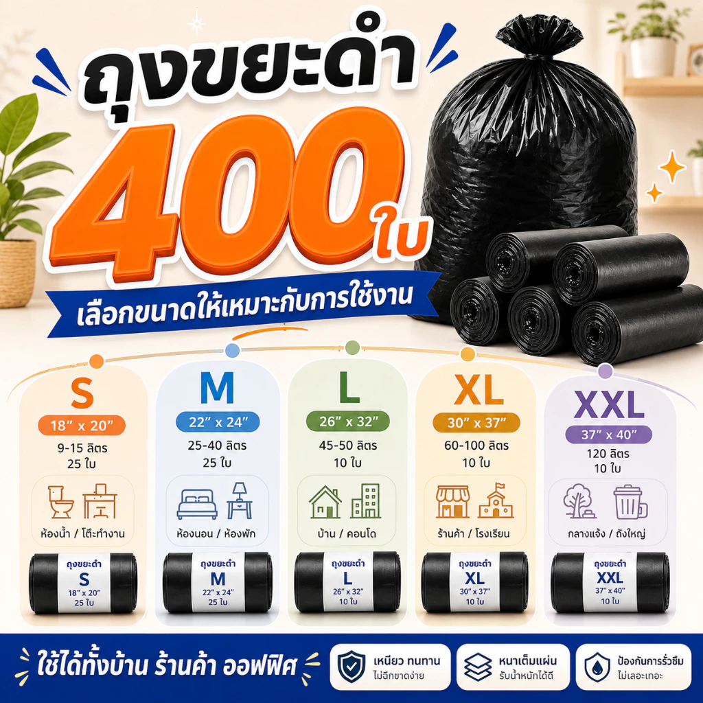 ถุงขยะดำ ถุงขยะม้วน ปากเรียบ หนา เหนียว ไม่รั่วซึม สำหรับบ้าน ห้องครัว สำนักงาน
