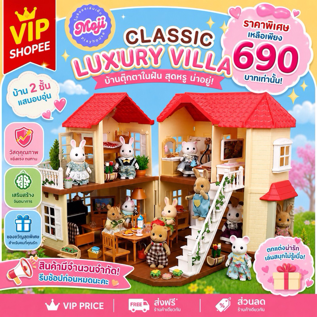 บ้านตุ๊กตากระต่าย💛🐰สินค้าพร้อมส่ง🏡ขายดีสุด🎁ครอบครัวแรบบิทบ้านหลังใหญ่พร้อมเฟอร์นิเจอร์