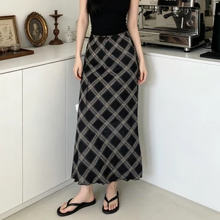 JJ Shop​💜พร้อมส่ง กระโปรงผู้หญิงลายจุดครึ่งตัว, กระโปรงทรงดินสอลายตาราง, แบบยาว, ผ้านุ่ม -FY5181