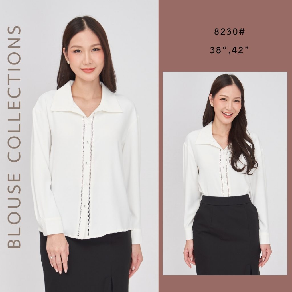 Laboratory 8230# เสื้อคอปก แต่งแถบลูกไม้แขนยาว มีไซส์ 38,42