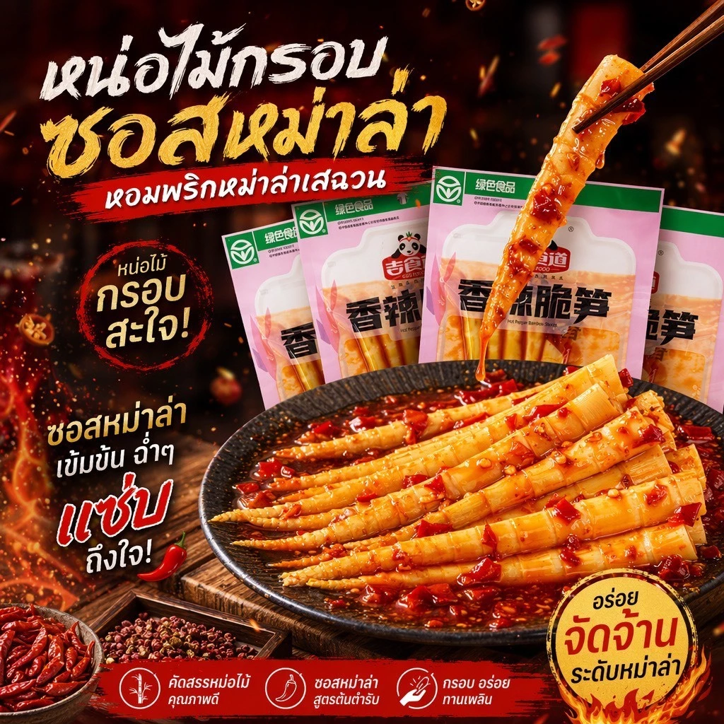 หน่อไม้รสหม่าล่า กรุบกรอบ เผ็ดชาฟินๆ ทุกคำ 1 ห่อ บรรจุ 60 กรัม
