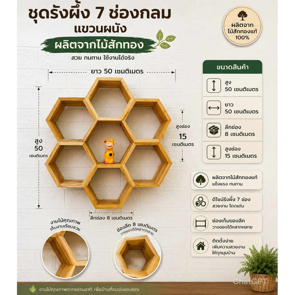 ชุดรังผึ้งกลม 7ช่องไม้สักทองแขวนผนัง มีชุดติดตั้งแขวนผนัง