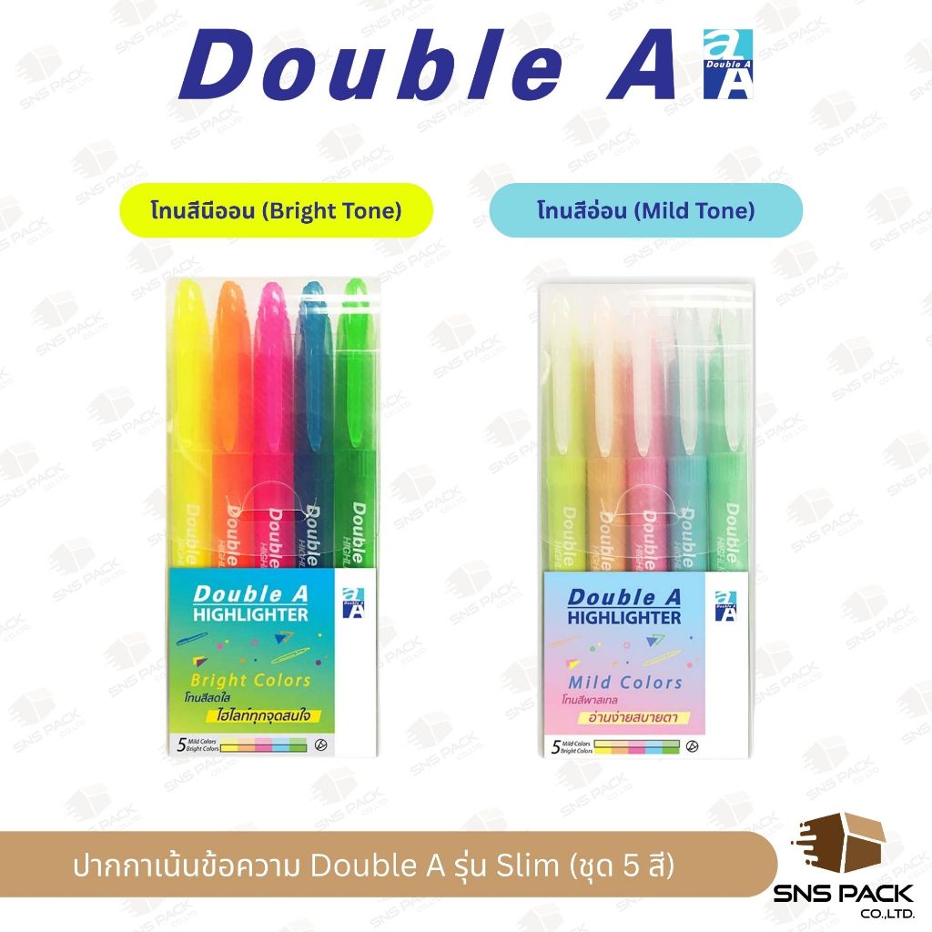 ปากกาเน้นข้อความ Double A รุ่น Slim โทนสี Bright / Mild (แพ็ค 5 สี)