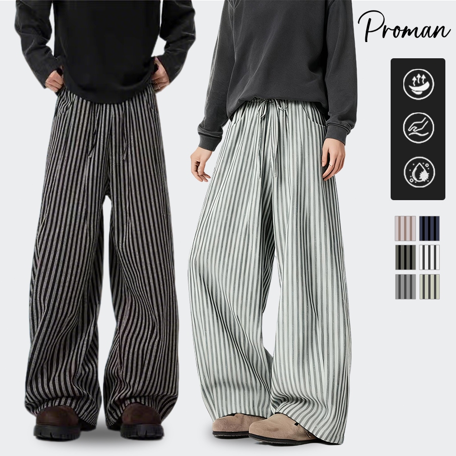 PROMAN กางเกงลำลองทรงหลวม ลายทางสีต่อ เอวสูง ใส่ได้ทั้งชายหญิง ผ้าระบายอากาศ ใส่สบาย แมทช์ลุคง่าย