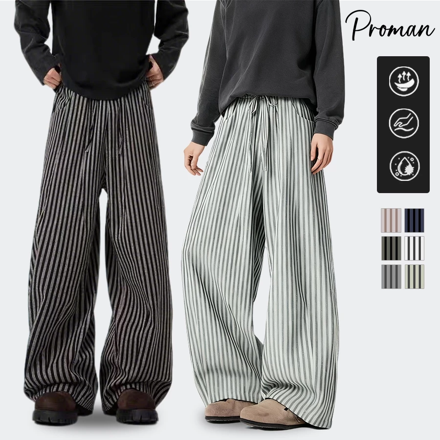 PROMAN กางเกงขายาวลายทางผู้ชาย ทรงกว้าง เอวสูง ผ้านุ่มละมุน ยูนิเซ็กซ์ใส่ได้ทั้งชายหญิง สไตล์วินเทจอเมริกัน เหมาะใส่ประจ