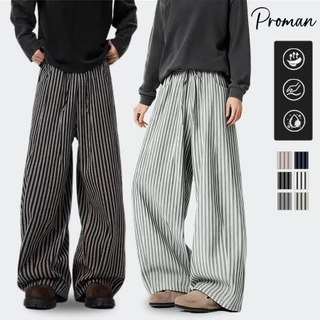 PROMAN กางเกงขายาวลายทางผู้ชาย ทรงกว้าง เอวสูง ผ้านุ่มละมุน ยูนิเซ็กซ์ใส่ได้ทั้งชายหญิง สไตล์วินเทจอเมริกัน เหมาะใส่ประจ