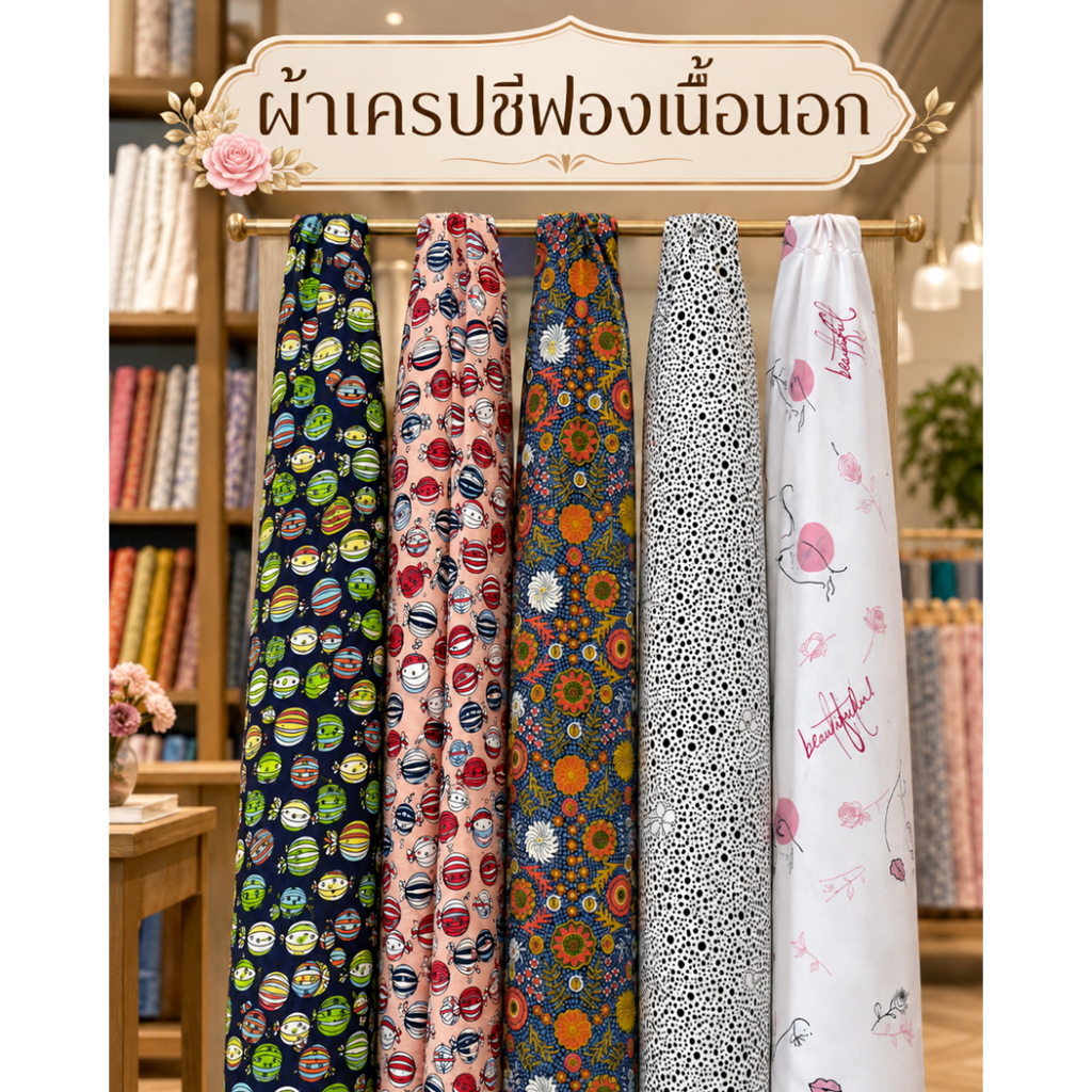 ผ้าเมตร ผ้าเครปชีฟองเนื้อนอก ไหมอิตาลี ผ้าพีชสกรีน ลายดอก หน้ากว้าง 55 นิ้ว หน่วยขายเป็นเมตร